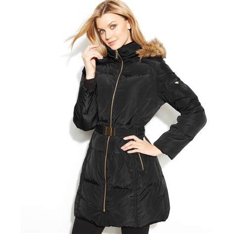 michael michael kors women's belted hooded down puffer coat|Michael Kors lightweight packable jacket.